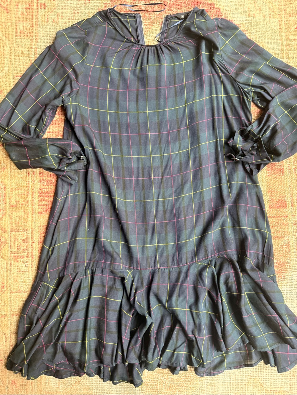 Zara Navy Plaid Long-Sleeve Ruffle-Hem Dress